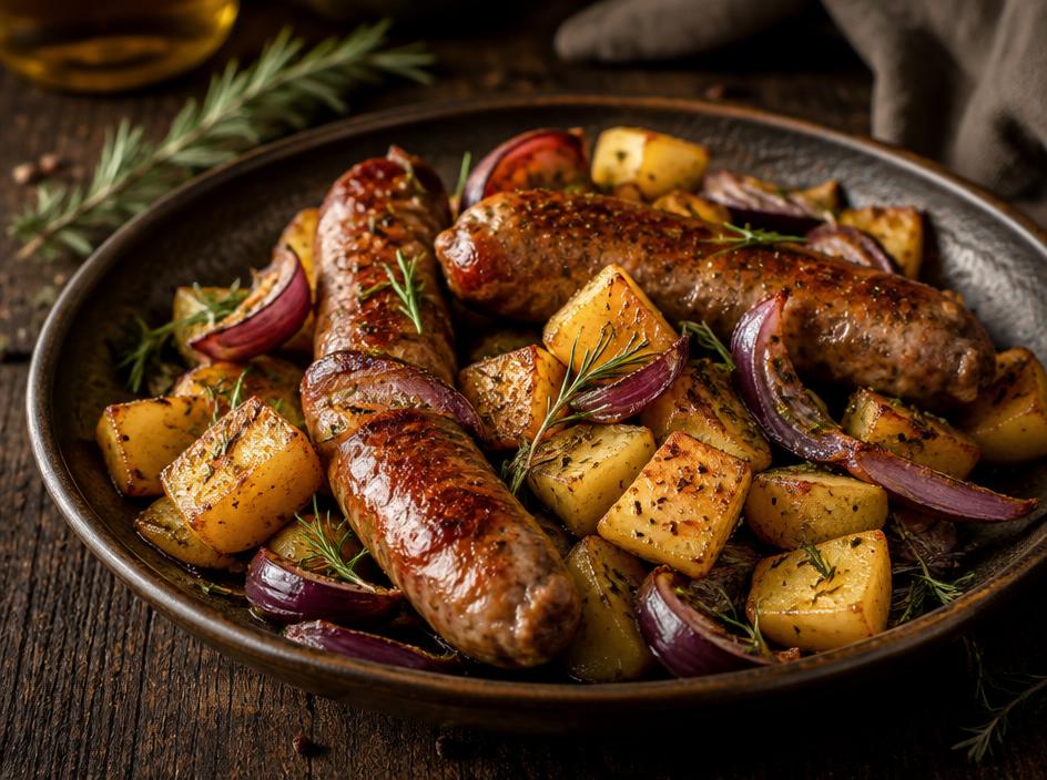 Linguiça toscana com batatas e cebola