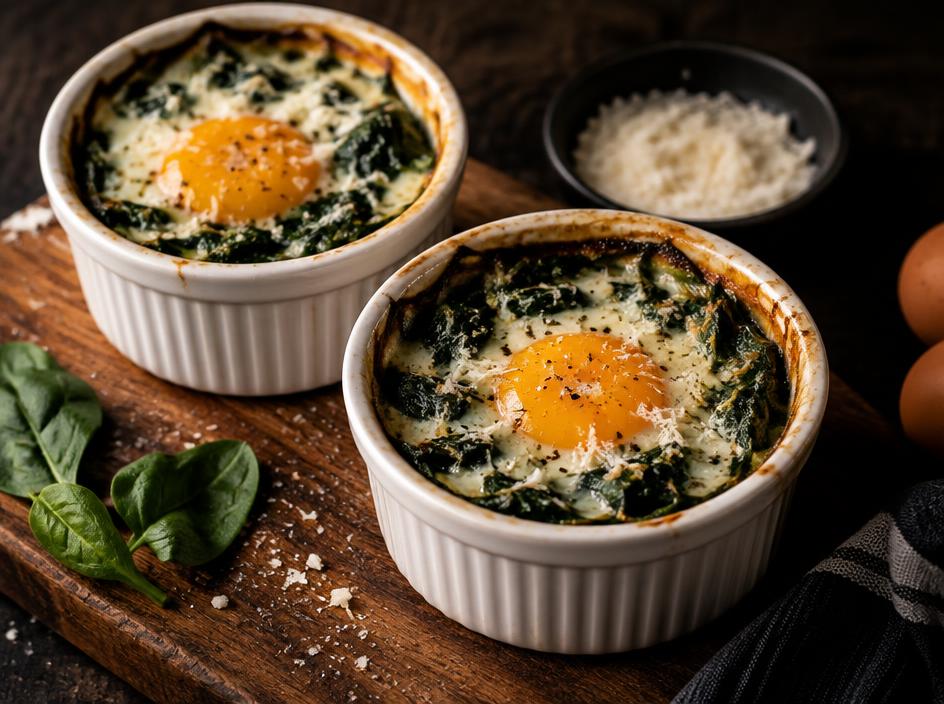 Ovos cocotte com espinafre e parmesão